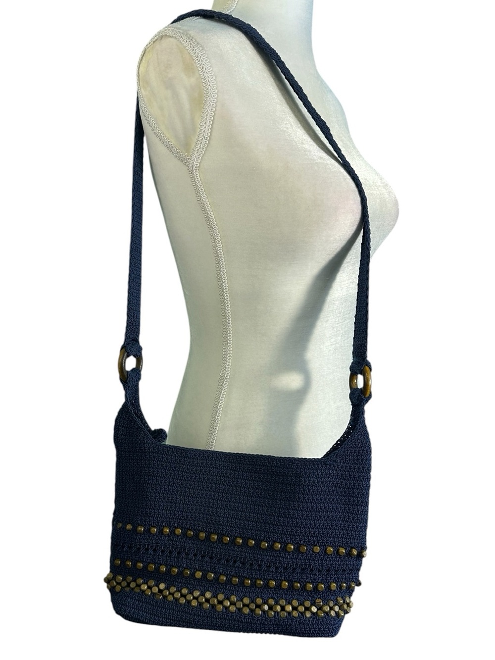 The Sak Navy Blue Crochet Crossbody Bag Beaded Studded Wallet Organizer - Picture 1 of 8